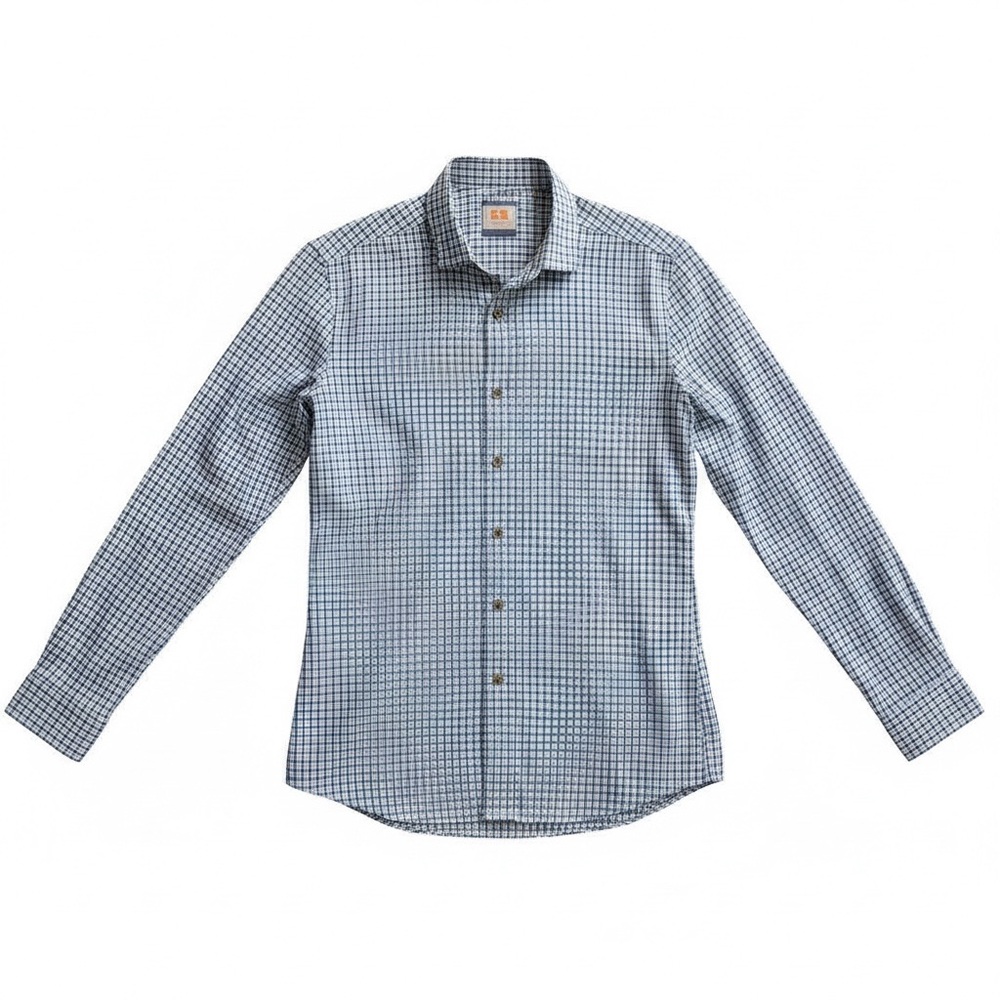 Hugo Boss Orange Shirt Men Button-Up Blue Plaid Cotton Size L Long Sleeve